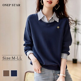 【1/13 55%OFF！3点購入クーポンで】レイヤードニットシャツブラウス レディース トップス 長袖 襟付き ストライプ 楽ちん 体型カバー カジュアル オフィス 仕事着 20代 30代 40代 50代 ワンピスター