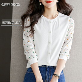 【2/10 50%OFF！クーポンで】袖ドット柄切替デザイントップス レディース トップス ドット柄 袖切替 異素材ミックス クルーネック 前開き 長袖 大人カジュアル 20代 30代 40代 50代 ワンピスター