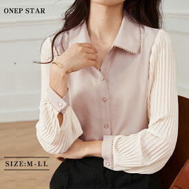 【2/10 50%OFF！クーポンで】異素材切替×装飾ディテールブラウス レディース トップス ブラウス 異素材切替 プリーツスリーブ 装飾ネック 長袖 大人カジュアル 20代 30代 40代 50代 60代 ワンピスター