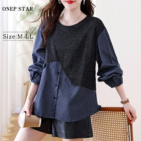 【2/10 50%OFF！クーポンで】シャツ×ニット異素材切替トップス レディース トップス ニット シャツ チェック柄 長袖 ボタン付き ギャザーカフス 大人カジュアル 20代 30代 40代 50代 ワンピスター