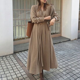 【2/10 50%OFF！クーポンで】Vネック×プリーツスカートワンピース レディース ワンピース Vネック 長袖 ウエストベルト プリーツスカート ボタン 大人フェミニン 20代 30代 40代 50代 ワンピスター