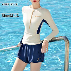 【5/10 全品50%OFF！24時間限定クーポンで】配色切替ラッシュガードセット レディース 水着 スイムウェア ラッシュガード 2点セット 長袖 前ジップ スポーティ ショートパンツ 20代 30代 40代 50代 ワンピスター