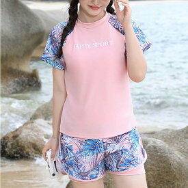 【6/18 50%OFF！2点購入クーポンで】2点セット×ラッシュガード風スポーティスイムセット レディース 水着 ラッシュガード風 トップス ショートパンツ スポーティ 春 夏 ワンピスター