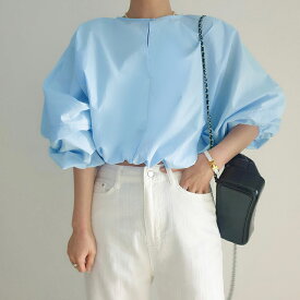 【12/10 50%OFFクーポン対象】ギャザー袖キーネックブラウス レディース ブラウス 長袖 ボリュームスリーブ 前後ボタン付き クルーネック 体型カバー 薄手 コットン混 20代 30代 40代 50代 ワンピスター