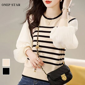 【12/6　55%OFFクーポン対象商品】ボーダー×プリーツ袖ドッキングブラウス レディース ブラウス ドッキング ボーダー プリーツ 異素材切替 長袖 着映え モード 春 秋 冬 20代 30代 40代 50代 ワンピスター