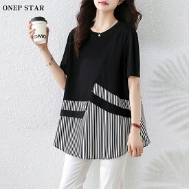 【6/17 50%OFF！2点購入クーポンで】ストライプ柄オーバーサイズ半袖Tシャツ レディース トップス Tシャツ 半袖 ストライプ柄 クルーネック オーバーサイズ シンプル 春 夏 20代 30代 40代 50代 ワンピスター