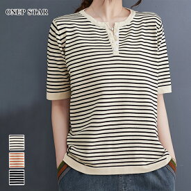【5/12 50%OFF！2点購入クーポンで】ニット風ボーダーカットソー レディース トップス 半袖 ボーダー柄 カットソー ニット風 シンプル きれいめ 大人カジュアル 春 夏 20代 30代 40代 50代 ワンピスター