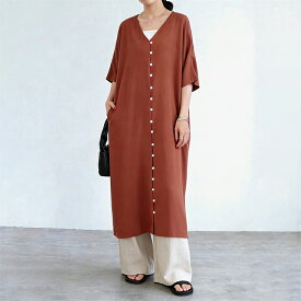【5/21 50%OFF！2点購入クーポンで】ワンピース 夏 レディース ロング丈 半袖 ロングワンピース vネック ボタン ゆったり 無地 シンプル カジュアル 通学 通勤 体型カバー フロントボタン かわいい コーディネート 前ボタン ワンピース 20代 30代 40代 50代 60
