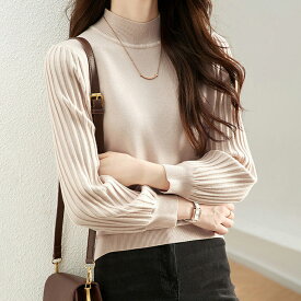 【11/9 55%OFF！3点購入クーポンで】プリーツスリーブニットトップス レディース ニット トップス 長袖 ハイネック プリーツスリーブ リブ切替 大人カジュアル 秋 冬 20代 30代 40代 50代 ワンピスター