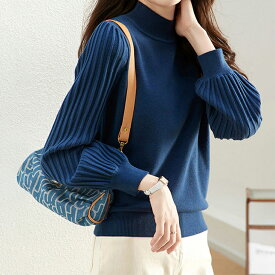 【11/16　50%OFF！クーポンで】プリーツスリーブニットトップス レディース ニット トップス 長袖 ハイネック プリーツスリーブ リブ切替 大人カジュアル 秋 冬 20代 30代 40代 50代 ワンピスター