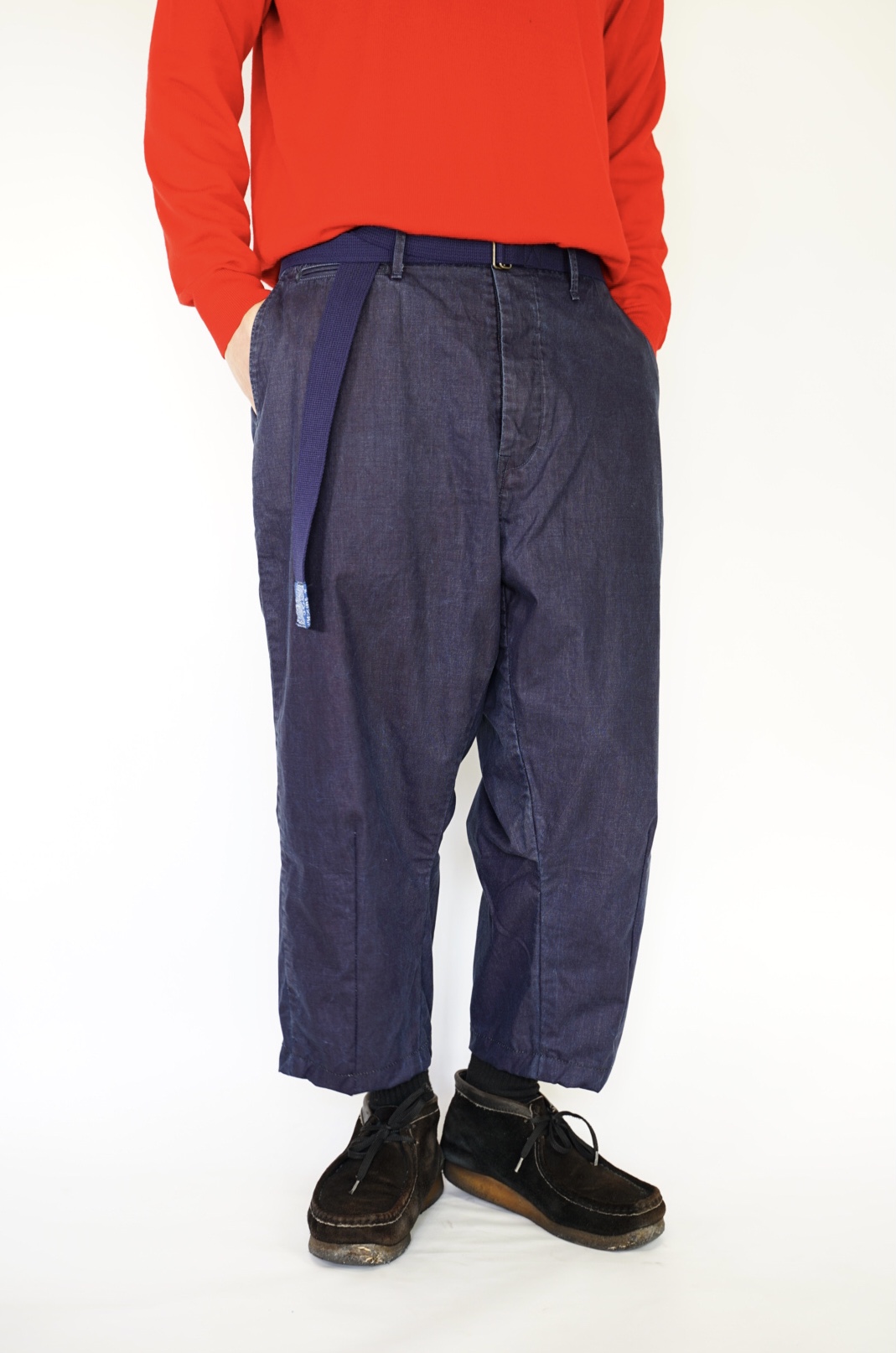 送料無料 イージーパンツ ワイドパンツ トラウザー インディゴ オールシーズン design 1 Re 大幅にプライスダウン pants マーケティング ベルト付き