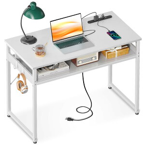 ODK 机 pcデスク パソコンデスク 幅80cm ゲーミングデスク 収納付き コンセント付き 勉強机 computer desk ?子 ワークデスク ・・? フック2個付き コンパクト テレワーク用 省スペース 組立簡単 白い