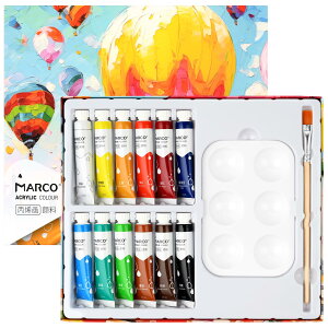 Marco アクリル絵の具 12色 ブラシパレット付き アクリルガッシュ 速乾 防水 絵の具セット 布/木/石/陶器対応 イラスト クラフト 手作り 子供用 小学生 初心者 専門家 えのぐセット 美術 画材