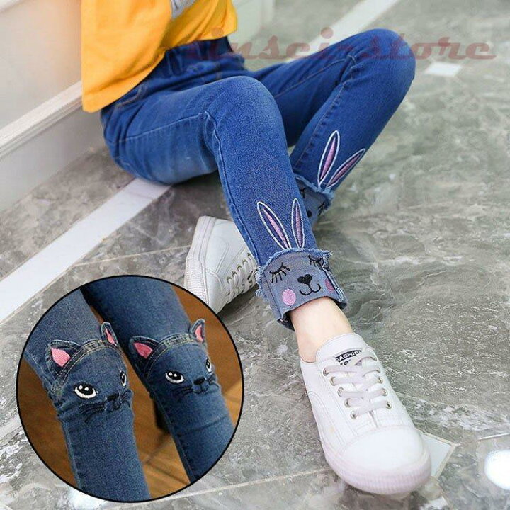 楽天市場】子供 デニムパンツ 女の子 ネコ柄 うさぎ柄 刺繍 ダメージ 