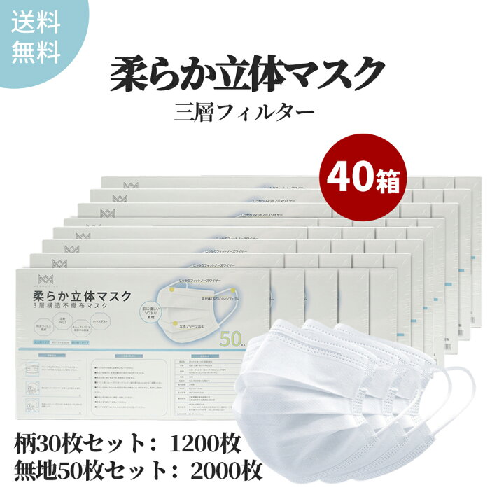 楽天市場】不織布マスク 2000枚 40箱 三層構造 【大人用マスク 