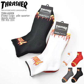 THRASHER スラッシャー Flame Logo pile quarter 3pack socks TH-SX-214 ファイヤー ロゴ 底パイル クォーター丈 くるぶし ソックス 3足組 スケーター ストリートメンズ レディース ユニセックス