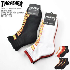 THRASHER スラッシャー Flame Logo pile quarter 3pack socks TH-SX-215 ファイヤー ロゴ 底パイル クォーター丈 くるぶし ソックス 3足組 スケーター ストリートメンズ レディース ユニセックス