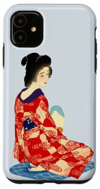 iPhone 11 着物姿で扇子を持つ美しい日本女性 芸者 日本画 鳥居 言人 美人画 新版画 日本画 長襦袢 スマホケース