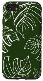 iPhone SE (2020) / 7 / 8 モンステラの葉 大きなボタニカル植物ラインアート セージグリーン スマホケース