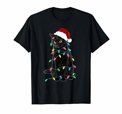 Black Cat Christmas Tree Lights Funny タイムセール Tシャツ Light Led Kitten 予約販売 Santa