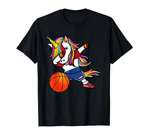 Dabbing Unicorn Basketball かわいいダビングユニコーンオランダのバスケットボールのオランダの旗 Tシャツ