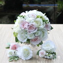 ウェディングブーケ ホワイト＆ピンク 愛らしいローズ バラ ヘッドドレス付き ウェディング 結婚式 海外挙式 前撮り【…