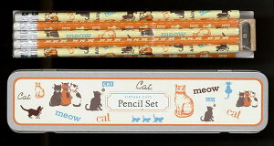 【えんぴつ】ビンテージキャット 消しゴム付きペンシルセット 鉛筆削りも入っています。缶入り鉛筆