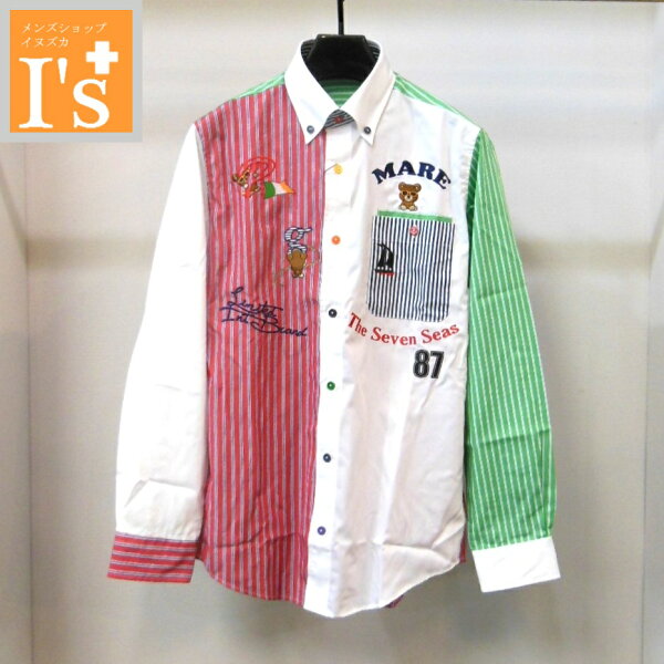 50%OFF【秋冬 お買い得 OUTLET SALE】PAGELO（パジェロ）アシンメトリーストライプ×マリン調ベアー（くま） デザイン 長袖 ボタンダウン 綿100％ シャツ レッドベース【M】【L】 アンジェロ パジェロ服 アウトレット セール ブランド ゴルフ 服