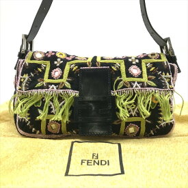 【中古】超美品 FENDI フェンディ マンマバケット ビーズ 刺繍 フリンジ ハンド ショルダー バッグ ブラック a2406