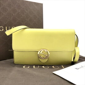 【中古】良品 GUCCI グッチ インターロッキングG 2WAY ショルダー バッグ ウォレット ライム イエロー レザー レディース k2869