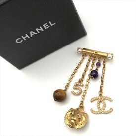 【中古】展示品 CHANEL シャネル ココマーク ライオン モチーフ カラーストーン タイガーアイ ブローチ ゴールド a4182