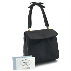 【中古】 良品 PRADA プラダ 刺繍ロゴ サテン リボン ハンド バッグ ブラック ブランド レディース 鞄 k4942