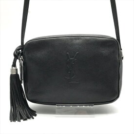 【中古】良品 SAINT LAURENT サンローラン LOU ルー YSL ロゴ レザー フリンジ チャーム付き レディース ショルダー バッグ 鞄 ブラック k5196