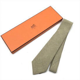 【中古】美品 HERMES エルメス ネクタイ メンズ リネン 服飾小物 シンプル 無地 ビジネス 紳士 スーツ フォーマル グリーン系 k6310
