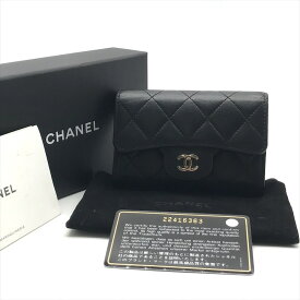 【中古】美品 CHANEL シャネル ココマーク マトラッセ ラムスキン ミニ カードケース 名刺入れ 財布 ウォレット ブラック ブランド 小物 k7380