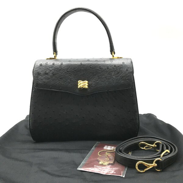 【中古】美品 JRA オーストリッチ エキゾチックレザー トップハンドル ハンド バッグ ブラック レザー ショルダー 2WAY r1657