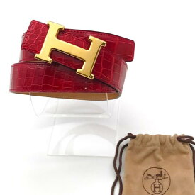 【中古】HERMES エルメス コンスタンス 本クロコ ポロサス H バックル ベルト シカクA刻印 レッド x ゴールド 超美品 M10219