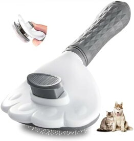 多機能ペット用ブラシ ステンレス針付き ワンプッシュ式毛取りブラシ 滑り止めデザイン グルーミングツール 犬猫兼用 グレー