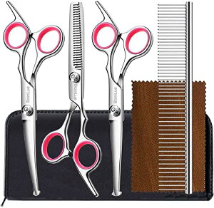 6 in 1専門ステンレス4 CR安全丸頭犬美容ハサミ、防錆カット猫美容ハサミペットセット、細長いストレートコーム長髪短髪ピンク