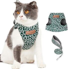 猫犬ハーネス ベスト 胸あて式 牽引ロープ ハーネス リード セット 唐草柄 散歩 簡単脱着式 引っ張り防止 (M, グリーン)
