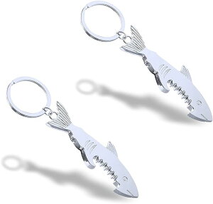 2点セット 多機能 オープナー ビール栓抜き サメ形 缶切り キーリング付き キーホルダー栓抜き(シルバー)