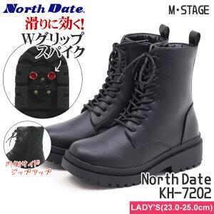 【ノースデイト】レディース 防滑 防寒 サイドジップ ショートブーツ 反転スパイク付き ショート丈 ミドル丈 くるぶし丈 ブラック 内側フリース調 撥水 滑りにくい レースアップ おしゃれ