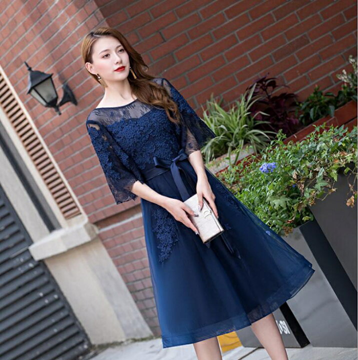 即納 パーティードレス 結婚式 ドレス 袖あり 二次会 ウェディングドレス ミモレ丈 二次会ドレス 花嫁 パーティドレス 披露宴 お呼ばれドレス 黒 ドレス 定番