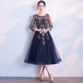 部分即納 パーティードレス 結婚式 ワンピース 花柄刺繍 パーティードレス 結婚式ドレス 袖あり ウエディングドレス ミモレ丈 レース 大きいサイズ 上品 お呼ばれ 二次会 披露宴 披露宴 演奏会 同窓会 発表会 XS S M L XL XXL 編み上げ ファスナー 4colors 送料無料