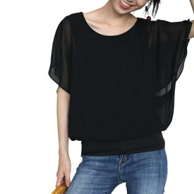 [MEME XTRA] メメエクストラ ブラウス レディース 半袖 シャツ カットソー オフィス 夏 春 シフォン フリル フレア トップス tシャツ 夏服 裏地付 ドルマン おしゃれ 大きいサイズ ゆったり 無地
