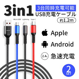 USB 3in1 ケーブル 2個セット USB ケーブル Type-C Micro ケーブル スマホ ケーブル タイプC 送料無料（MTO-DLINE-01-2SET）