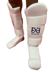 【Mサイズ】MUGEN製 フルコンタクト空手用スネサポーター ジュニアモデル(MUGENEXEシリーズ) レッグサポーター スネガード マジックテープ ウイングタイプ 白