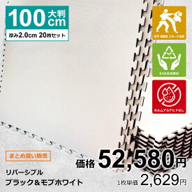 【20枚セット】ジョイントマット 大判 サイドパーツ付 空手 格闘技 黒/白 100cm×100cm 厚さ2cm 衝撃吸収 防音 抗菌 防臭 EVA ジムマット トレーニング 合気道 テコンドー プレイマット フロアマット ハード MUGEN 洗える キッズ パズルマット クッションマット