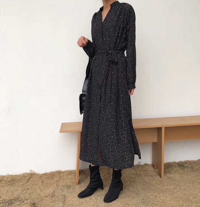楽天市場 ドット柄 シャツワンピース ドットワンピース 水玉柄 ワンピース ロング ロング丈 ロングワンピース スタンドカラー 韓国 韓国ファッション シンプル デイリー おでかけ ゆったり Vネック リボン 細見え 長袖 春 体系カバー Muhly