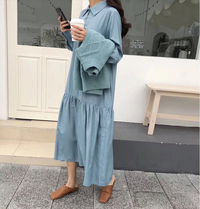 楽天市場 スーパーsale50 Off フレアブルーワンピース ワンピース 秋服 長袖 ロング 韓国ファッション 韓国 ロングワンピース 体系カバー Muhly
